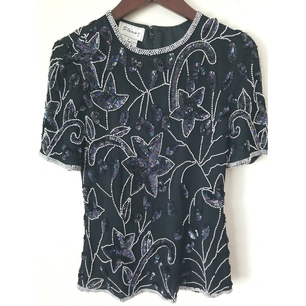 STENAY Women's Short Sleeve Beaded w/ Sequins Black Silk Blouse Size S